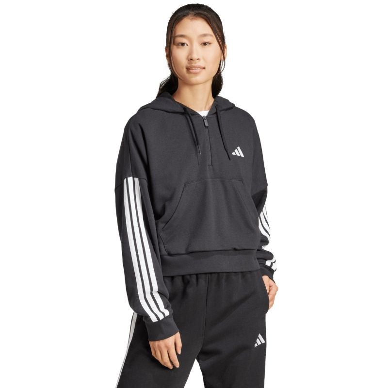 Felpa con cappuccio e zip a un quarto adidas Essentials 3-Stripes in french terry da donna nero JN1956