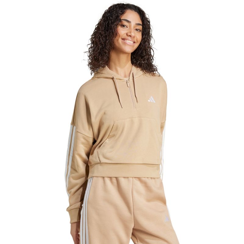Women's Essentials 3-Stripes French Terry Hoodie Quarter Zip Beige JX7676